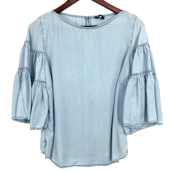J. Jill Tops - J. Jill Denim Womens Size Small Ruffle Bell Sleeve Blouse Shirt Top Blue Boho